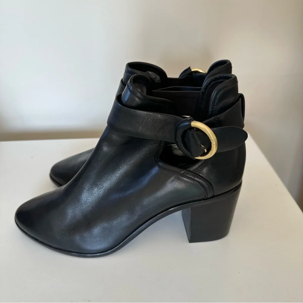TED BAKER “Sybell” Block Heel Boots Booties in Black Leather, Women’s 7